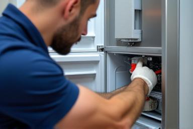 फ्रिज खोलकर जांच करता तकनीशियन